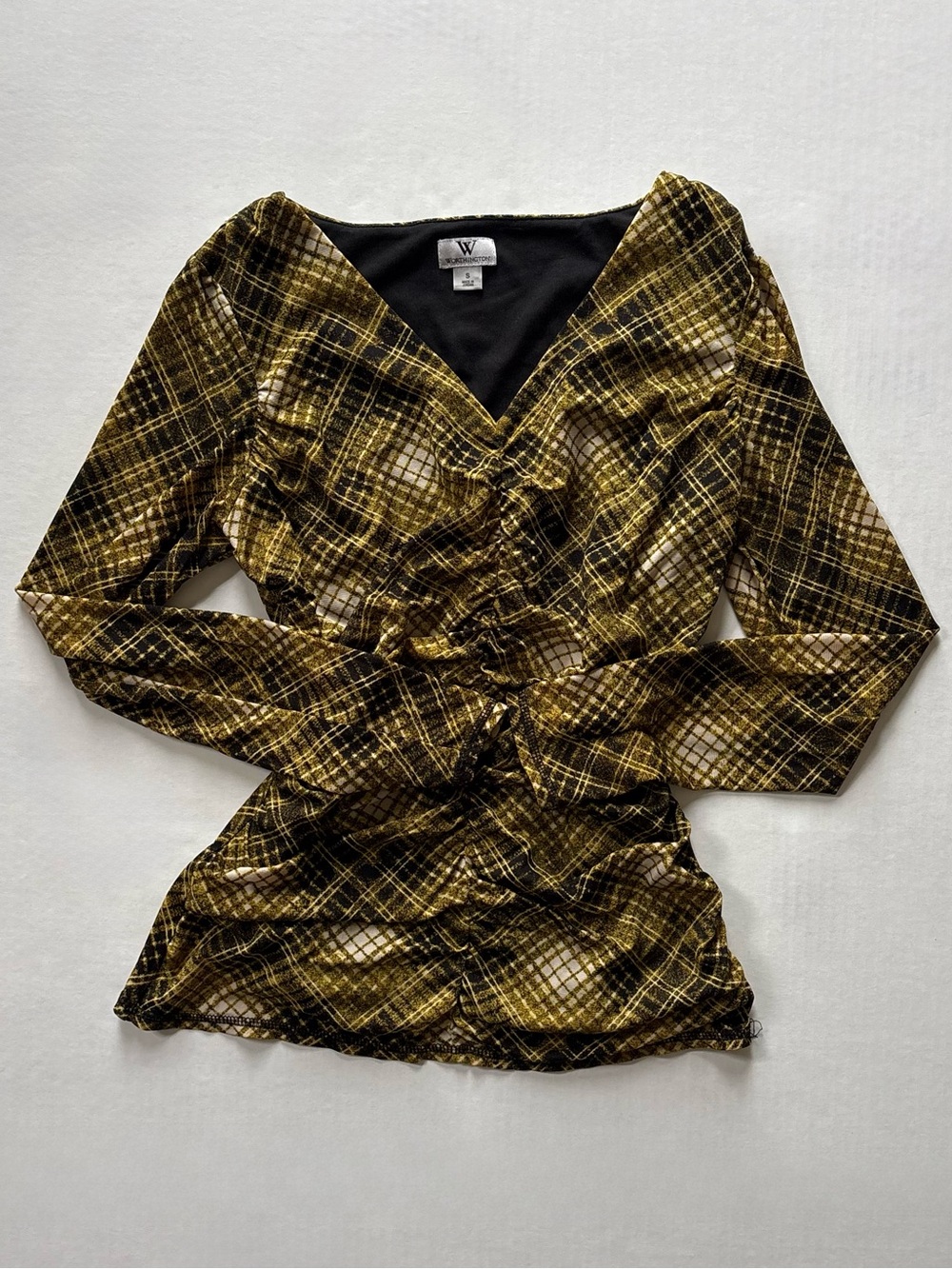 Worthington Plaid Ruched Front V-Neck Blouse Womens Small Long Sleeve Yellow